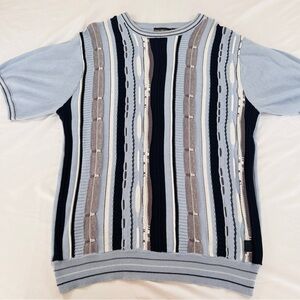 Men's Striped Coogi Style Short Sleeve Sweater Size XL Baby Blue and Gray